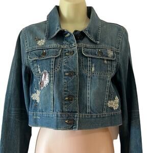 Old Navy Blue Denim Cropped Embellished Jean Jacket Size Medium Distressed Y2K